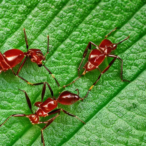 Image similar to bionic ants at war on a green leaf, macro photography, 8 k, cinematic lighting, shallow depth of field,