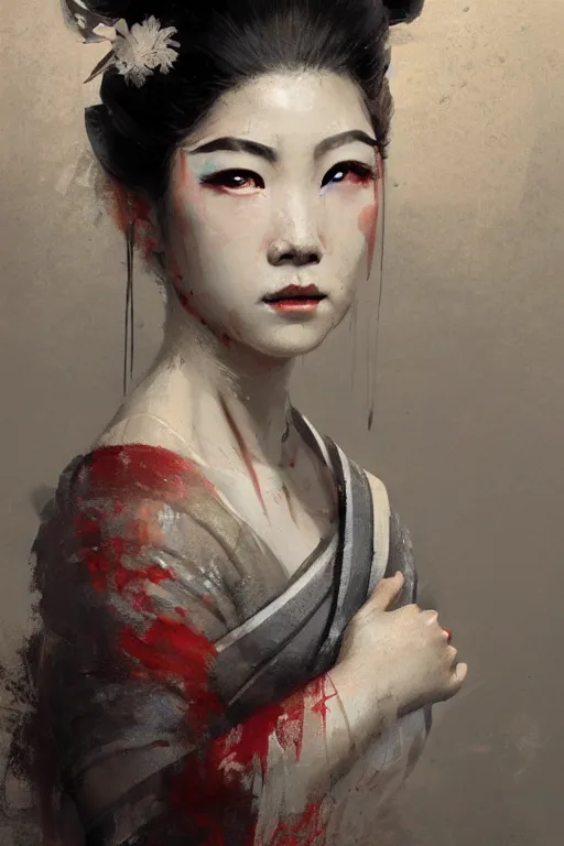 Image similar to female geisha girl, beautiful face, rule of thirds, intricate outfit, spotlight, by greg rutkowski, by jeremy mann, digital painting