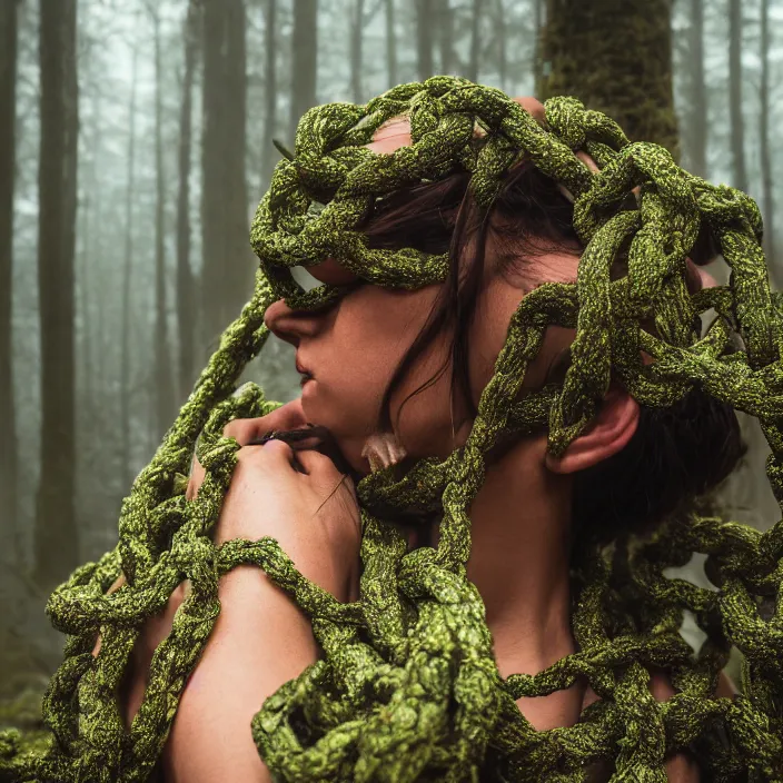 Prompt: a closeup of a woman wrapped in chains, dragging a pile of chains, in a foggy mossy forest, by Omar Z. Robles, CANON Eos C300, ƒ1.8, 35mm, 8K, medium-format print