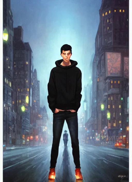 Image similar to handsome young man with short black hair, glowing light blue eyes, pale skin, wearing jeans and a black hoodie, detailed night time cityscape background, realistic painting by ross tran and gerald brom and alphonse mucha, ilya kuvshinov, svetlana tigai, artgerm, trending on artstation