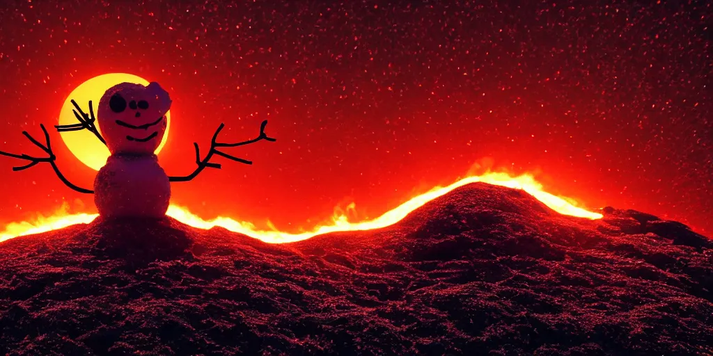 Image similar to a snowman standing on top of the sun. the ground is made of fire and lava and is glowing orange. cinematic, dramatic, volumetric lighting, atmospheric, red, orange extremely coherent, 8 k, space