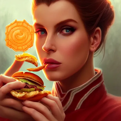 Image similar to Lana Del Ray eating a baconator, closeup, D&D, fantasy, intricate, elegant, highly detailed, digital painting, artstation, concept art, matte, sharp focus, illustration, hearthstone, art by Artgerm and Greg Rutkowski and Alphonse Mucha