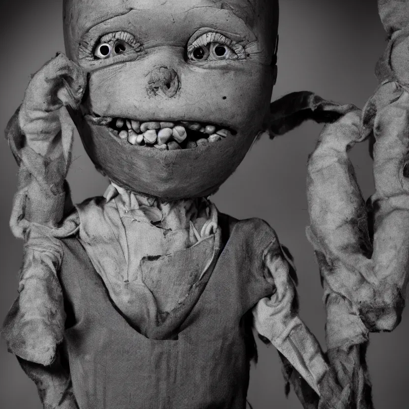 Image similar to creepy ventriloquist dummy in the style of roger ballen, 4 k, bw, portrait