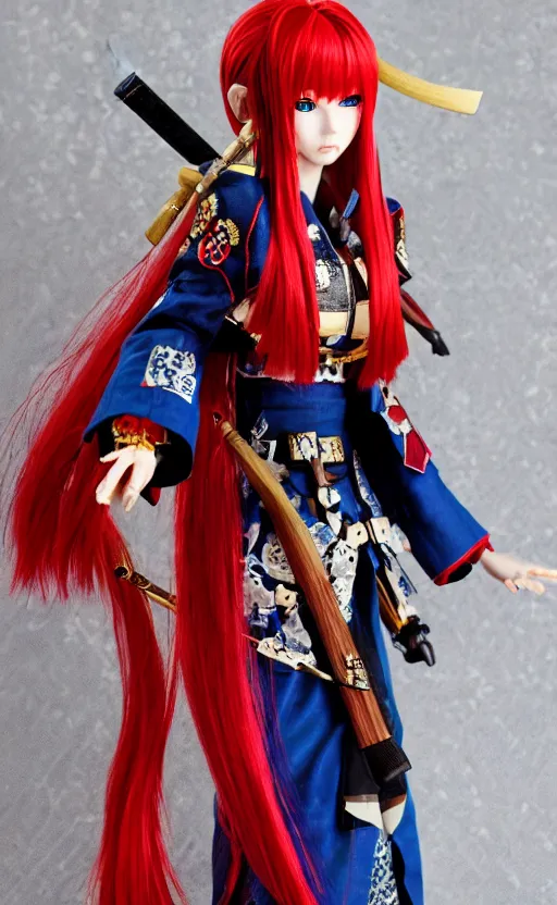 Prompt: dollfie in samurai suit, red hair, blue eyes,