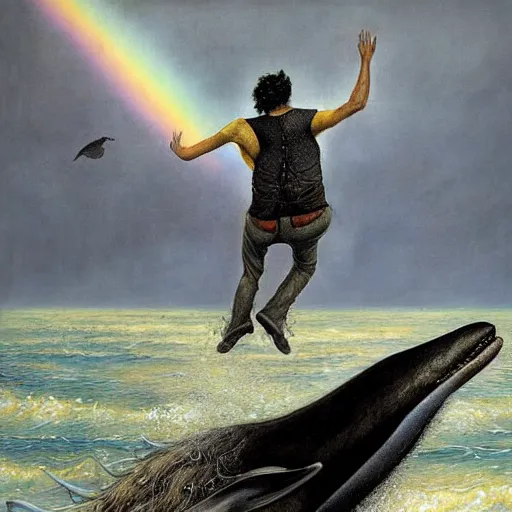 Prompt: a hyper realistic painting of death standing on the back of a dolphin that is jumping over a rainbow, by james c christensen and santiago caruso,