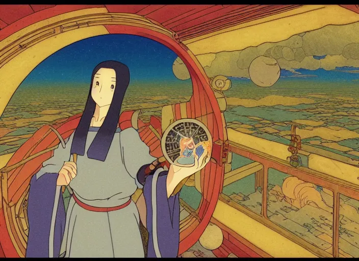 Image similar to a still frame in anime style, studio ghibli, ivan bilibin, medieval western bible sci - fi illustration of a person morphing into a bird, space station interior