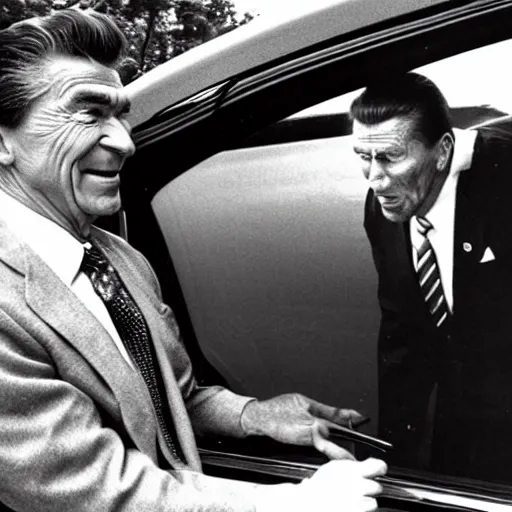 Image similar to “ ronald regan nervously locking his car door as he drives past a black person ”