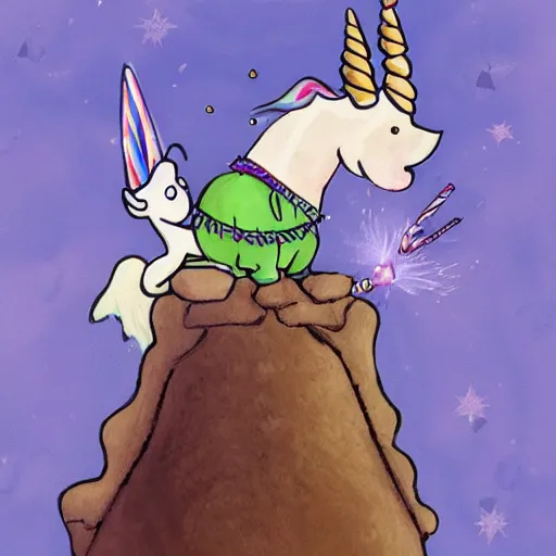 Image similar to a gnome riding a unicorn