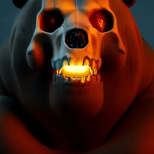 Image similar to a mutated bear monster illuminated by warm light, skull protruding from face, warped flesh, dreamlike, intricate detail, 3d render, octane render, god rays, depth of field, trending on artstation, 4k, hd