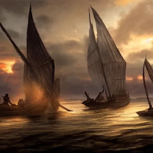 Prompt: vikings dismounting off their longship to invade a moderate sized village, dusk, cinematic, concept art, slight fog, high detail, wide shot, dynamic lighting, sharp focus, high resolution