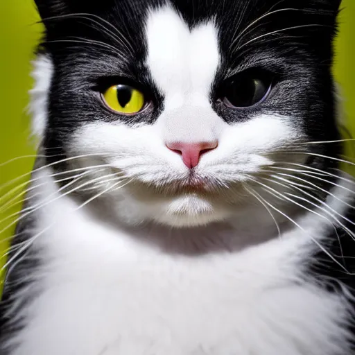 Image similar to fluffy tuxedo cat portrait, white cheeks, aesthetic highly detailed soft fur and paws, professionally shot photorealistic 8k photograph, 35mm Canon EOS R3, rendered in octane, by Natalie Große and Jason Allison