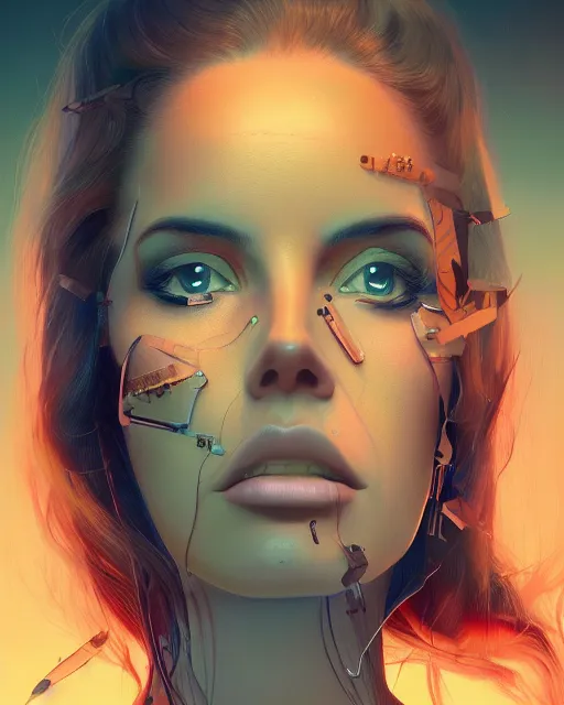 Image similar to portrait of lana del rey as a cyborg. intricate abstract. intricate artwork. by tooth wu, wlop, beeple, dan mumford. octane render, trending on artstation, greg rutkowski very coherent symmetrical artwork. cinematic, hyper realism, high detail, octane render, 8 k, iridescent accents