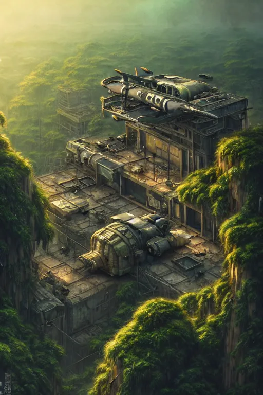 Image similar to a highly detailed matte painting of a post - apocalyptic dieselpunk military base in the jungle aerial view, by studio ghibli, makoto shinkai, by artgerm, by wlop, by greg rutkowski, volumetric lighting, octane render, 4 k resolution, trending on artstation, masterpiece