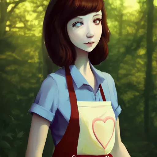 Prompt: a beautiful full body portrait of a young woman wearing an apron standing in a park, kantoku, james gilleard, lois van baarle, ilya kuvshinov, rossdraws, very detailed, matte, gaussian blur, tone mapped