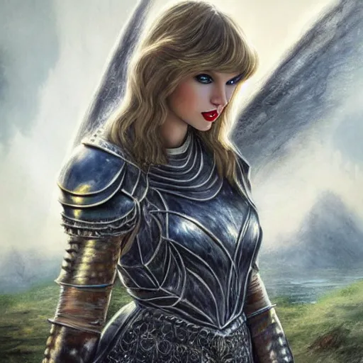 Image similar to the picture of taylor swift in a knight armor, epic fantasy art, mystical, mystic atmosphere, mythology, photo realistic, high detail, ultra realistic, hyper realistic, high definiton, 4 k uhd,