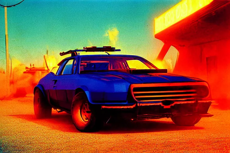 Image similar to stylized poster of mad max's pursuit special, the last v 8 interceptor, thick neon lights, ektachrome photograph, volumetric lighting, f 8 aperture, cinematic eastman 5 3 8 4 film