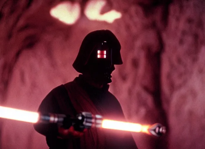 Image similar to detailed protrait photo of Luke skywalker using his lightsaber to light up a dark pinks hazy ethereal cave and discover the ancient jedi texts. kubrick. screenshot from the 1985 film, Photographed with Leica Summilux-M 24 mm lens, ISO 100, f/8, Portra 400
