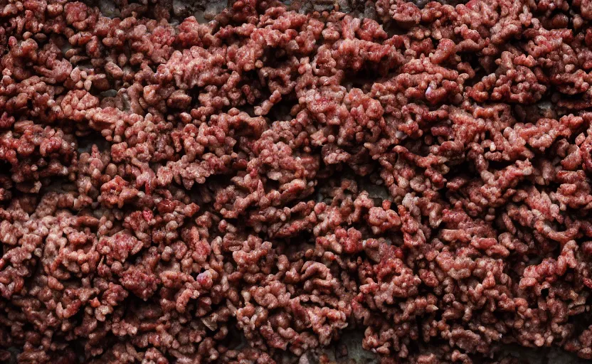 Prompt: a pile of ground beef, outdoors, product photography