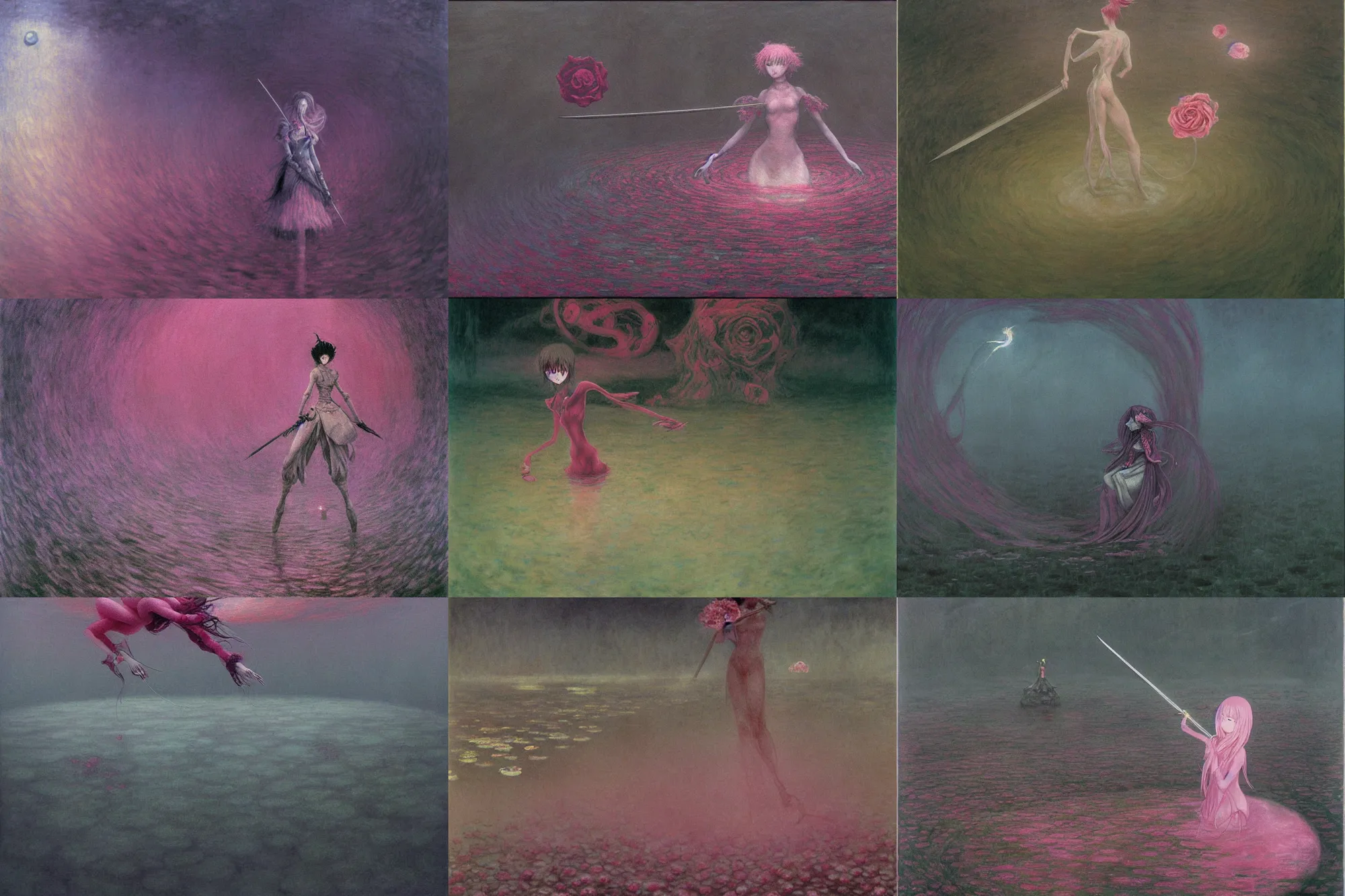 Prompt: gloomy eerie photo of utena tenjou. sword duelist of the pink rose in a floating spiral duel arena garden. zdislaw beksinski, yoshitaka amano, creepy, horror, beautiful painting by claude monet 8 k