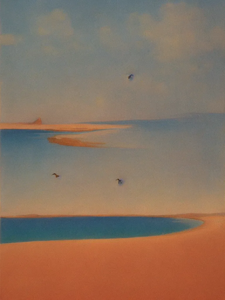 Prompt: a neo retro poster of bassin d'arcachon lac, with a sand dune in the background ( ( ( with 3 birds in the sky ) ) ), australian tonalism, pale gradients design, matte drawing, clean and simple design, outrun color palette. painted by morandi, agnes pelton