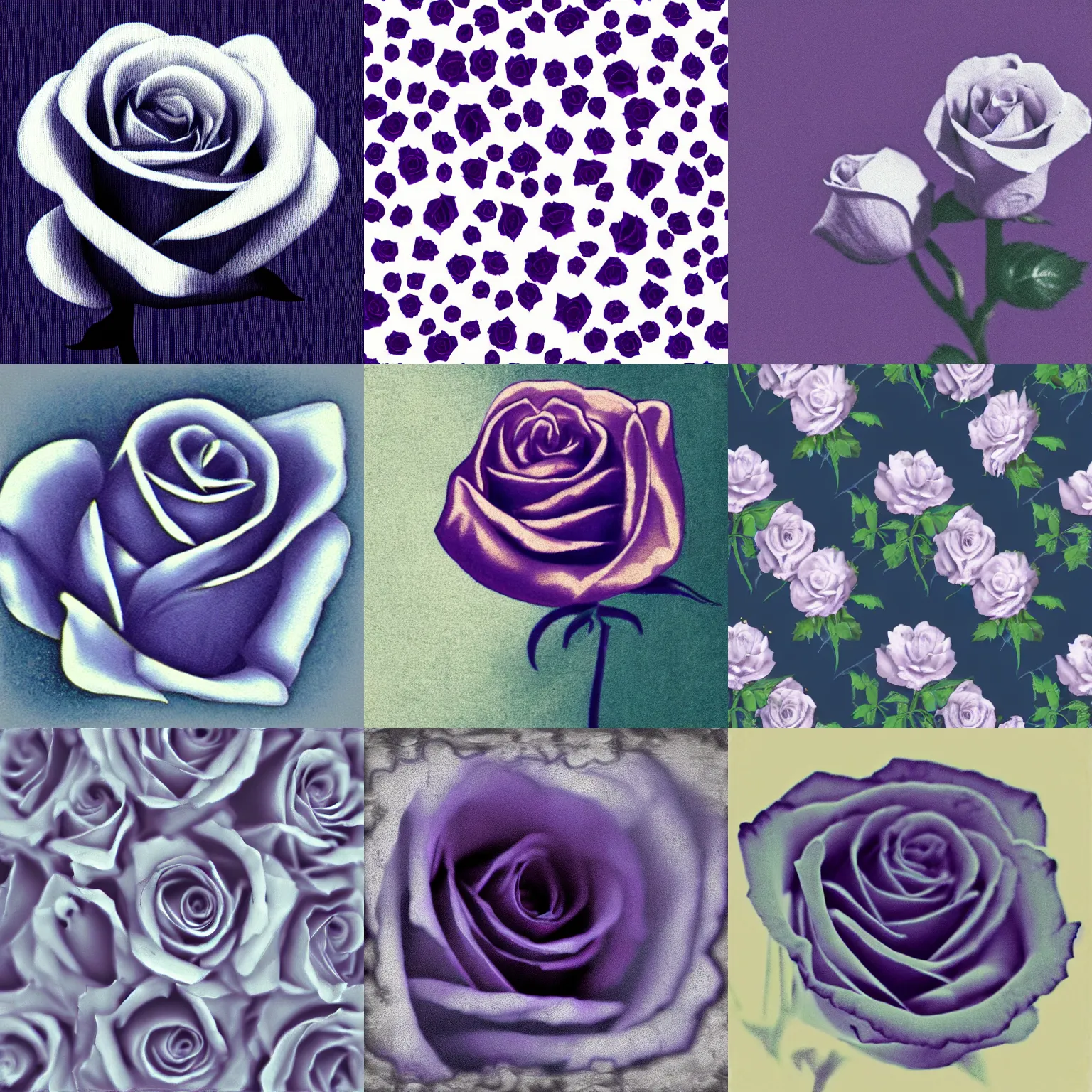 Prompt: small white rose silloutte zoomed out on dark purple blue background, grainy vintage”