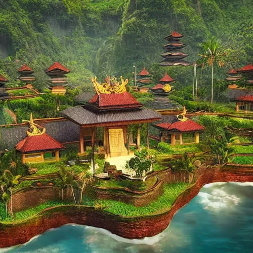 Image similar to A beautiful, perfect, impressive, amazing concept art digital CG painting of a place in Bali, trending on ArtStation, Unreal Engine