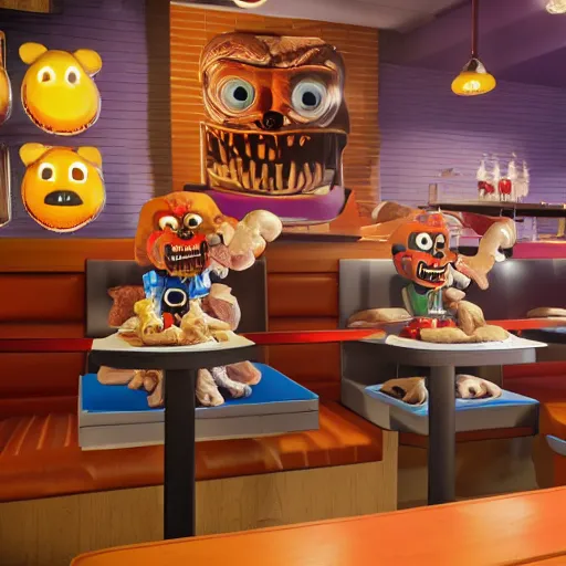 Image similar to five night's at freddys sitting in a chucky cheese restaurant, octane render, ultra detail, ultra realistic, 8 k