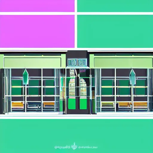 Prompt: geometric storefront light green, light blue, light yellow, light purple, digital art