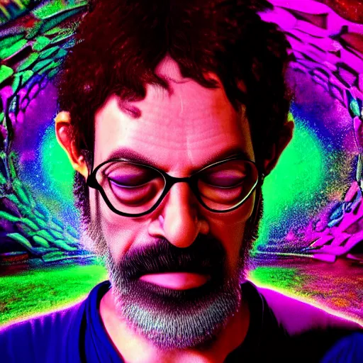 Image similar to terence McKenna posing seductively with psychedelic mushrooms, psychedelic, fractal, cinematic lighting, dramatic, octane render, full body, trending on artstation, perfect facial symmetry, bokeh, 8k, intricate, hyper detailed