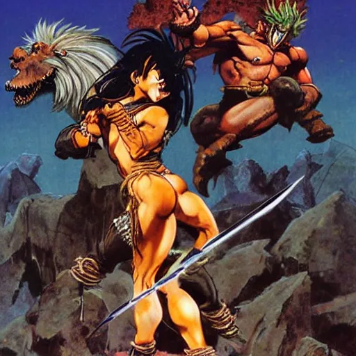 Image similar to Savage battlescarred Saiyan warrior girl, cavewoman, wild spiky black electrified hair, pelt, scimitar, primeval fantasy, prehistoric fantasy, orcs, goblins attacking, 1980s pulp fantasy, art by Frank Frazetta and Boris Vallejo