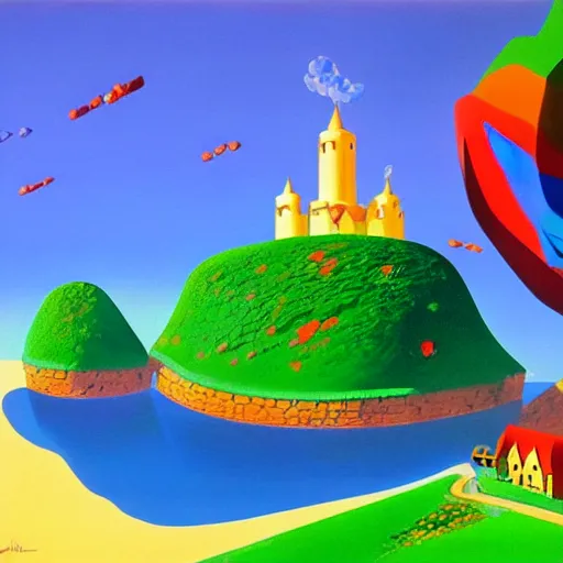 Prompt: beautiful painting of super mario 6 4 painted by eyvind earle, concept art, gouache on paper, high quality, vivid colors