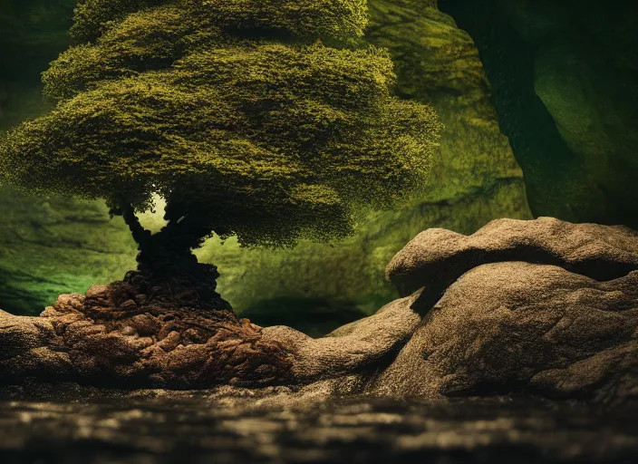 Prompt: a small tree on an island in a river in an underground cave. fantasy magic style. highly detailed 8 k. intricate. lifelike. soft light. sony a 7 r iv 5 5 mm. cinematic post - processing