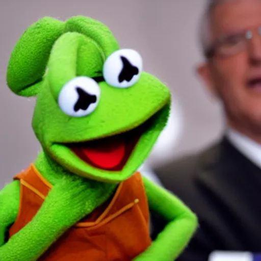 Image similar to Kermit the Frog wearing a suit, sitting in front of a microphone, shouting at congress.