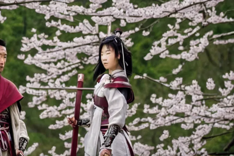 Image similar to vfx movie scene closeup japanese warrior couple, stand off, holding swords, in cherry blossom forest, natural lighting by emmanuel lubezki