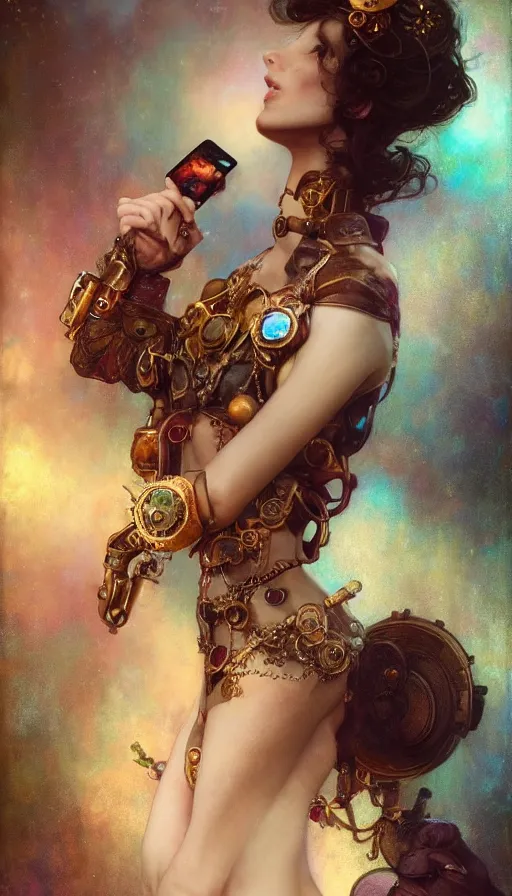 Prompt: hyper realistic photographer taking a picture, magical, gems, jewels, gold, steampunk, cyberpunk, painted by tom bagshaw, mucha, gaston bussiere, craig mullins, j. c. leyendecker 8 k