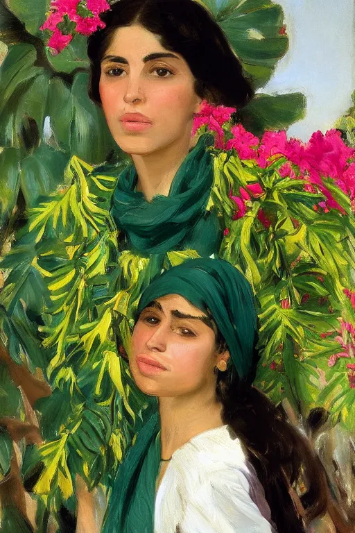 Image similar to portrait of persian girl with arabesque green scarf near bougainvillea and mexican fan palms, painting by john singer sargent