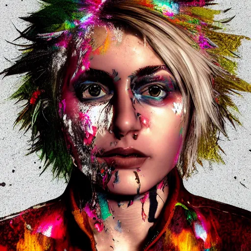 Image similar to portrait made out of exploding paint, punk rock women, short blond hair, octane render, highly detailed, comic book art