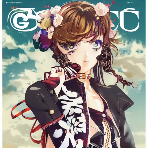 Image similar to Magazine Cover Anime key visual of a Gucci girl; official media; typography; drawn by Hirohiko Araki; Jojo's Bizarre Adventure; Jojolion, portrait, made by Stanley Artgerm Lau, WLOP, Rossdraws, James Jean, Andrei Riabovitchev, Marc Simonetti, Yoshitaka Amano, ArtStation