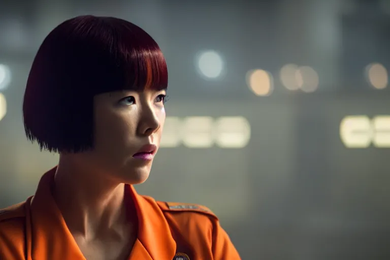 Image similar to major motoko wearing an orange prison jumpsuit, photography by fred palacio medium full shot still from bladerunner 2 0 4 9, sci fi, bladerunner, canon eos r 3, f / 3, iso 2 0 0, 1 / 1 6 0 s, 8 k, raw, unedited