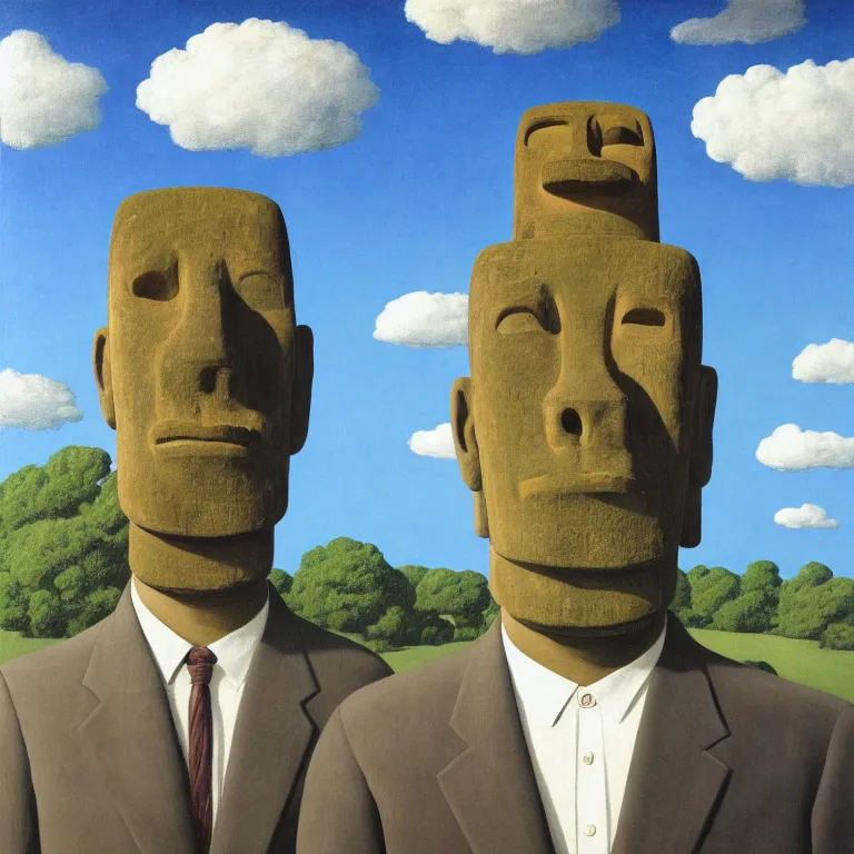 Prompt: portrait of a moai - head man in a suit, clouds in the background, by rene magritte, detailed painting, distance, middle centered, hd, hq, high resolution, high detail, 4 k, 8 k
