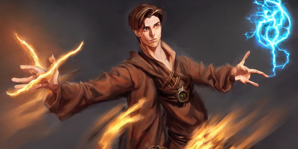 Image similar to concept art of a handsome young caucasian male sorcerer with brown hair he is casting a spell that is emanating from his hands he is in a alchemist lab, action pose, medium shot, waist up, dungeons and dragons art, magic the gathering art