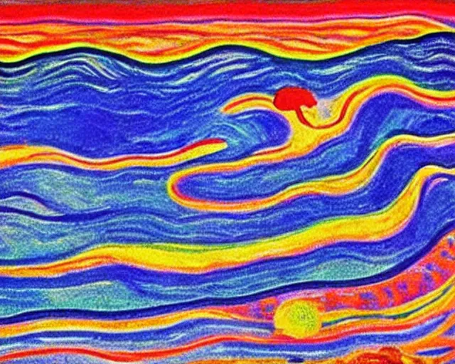 Image similar to Ocean waves in a psychedelic dream world. DMT. Curving rivers. Landscape painting by Edvard Munch. David Hockney. Peter Max.