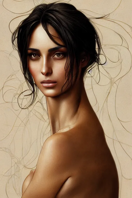 Prompt: Portrait of a Italian Supermodel, olive skin, long dark hair, beautiful bone structure, intricate, elegant, realistic face, highly detailed, digital painting, artstation, concept art, smooth, sharp focus, illustration, art by artgerm and greg rutkowski and alphonse mucha, embossed in gold leaf on black paper