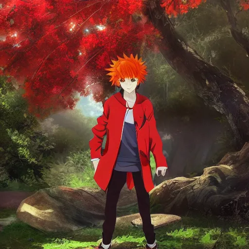 Image similar to red - haired anime boy, 1 7 - year - old anime boy with wild spiky hair, wearing red jacket, standing under tree house in city plaza,, ultra - realistic, sharp details, subsurface scattering, intricate details, hd anime, 2 0 1 9 anime