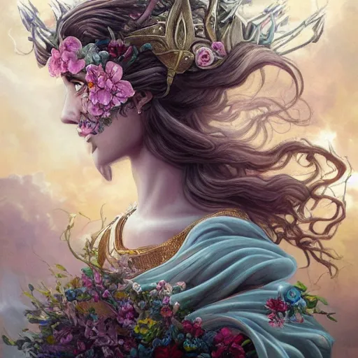 Image similar to fine art photo of the beauty goddess gal gadot, she has a crown of mesmerizing flowers, she is arriving heaven, background full of stormy clouds, by peter mohrbacher, long shot