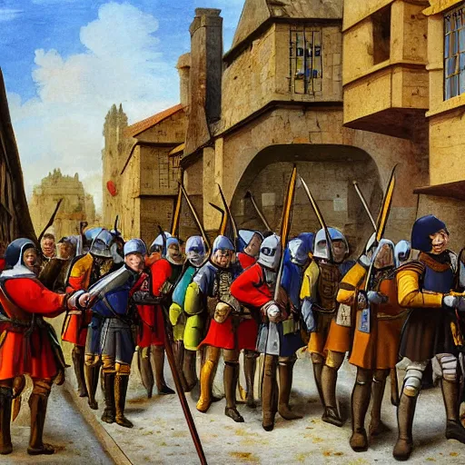 Prompt: line of renaissance soldiers in brightly colored uniforms with halberds as musketeers fire behind them, they are in a tight street surrounded by medieval stone buildings, dying earth, art, rpg, mike franchina