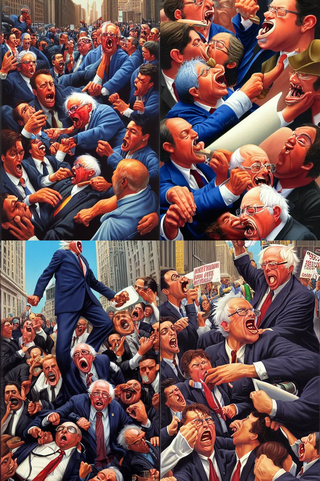 Prompt: Bernie sanders violently eating the faces of the public on Wall Street by Greg Hildebrandt