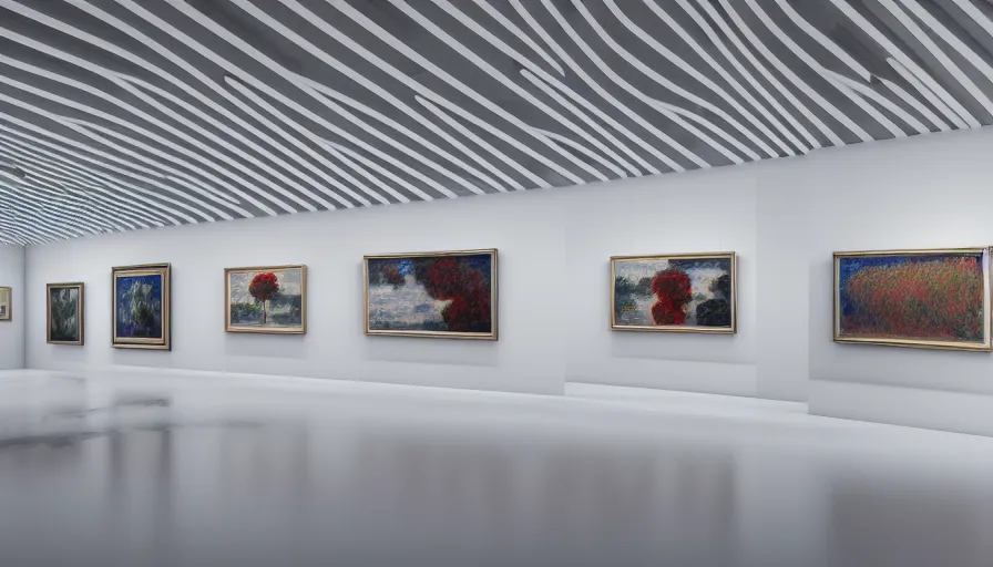 Image similar to interior futuristic art gallery wide angle highly detailed by santiago calatrava, three wall hanging paintings famous pieces by monet!, captivating 8 k hdr, octane render godrays hyperrealism