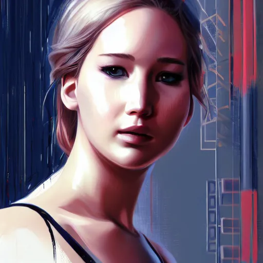 Image similar to jennifer lawrence portrait as manga girl, realistic shaded perfect face, fine details. anime. realistic shaded lighting poster by ilya kuvshinov katsuhiro otomo ghost - in - the - shell, magali villeneuve, artgerm, jeremy lipkin and michael garmash and rob rey