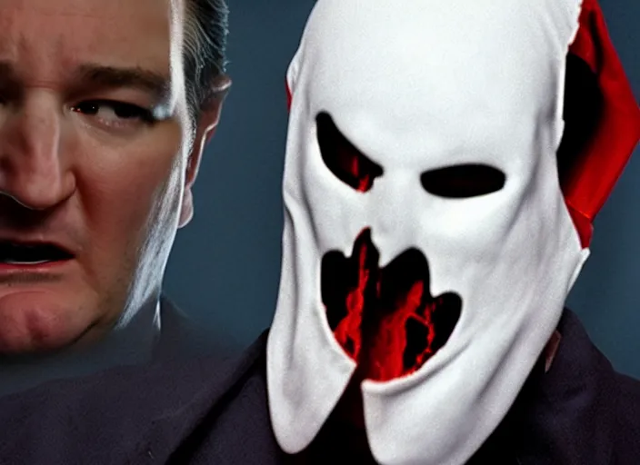 Image similar to ted cruz as ghostface, movie still, from the new scream movie, 8 k, realistic